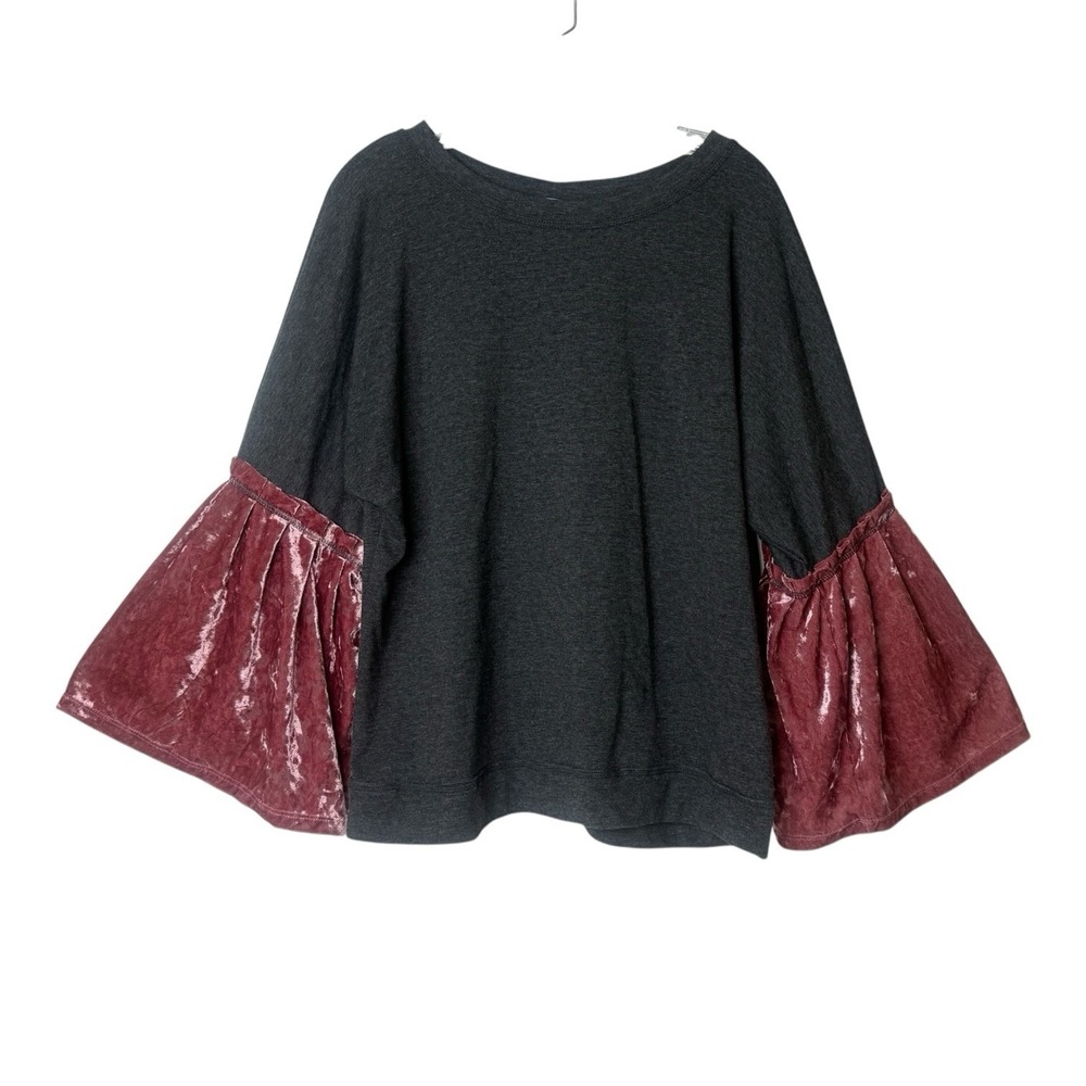 South Main Pullover Gray Top Gray Pink Crushed Velvet Sleeves Women's L Oversize